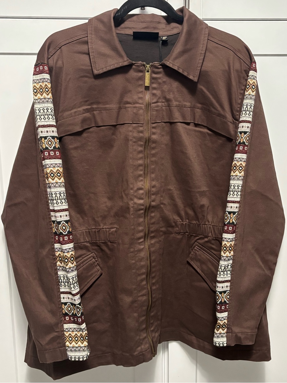 DG2 by Diane Gilman Brown Zip-Front Jacket, Aztec Patterned Sleeve Stripes, NWT